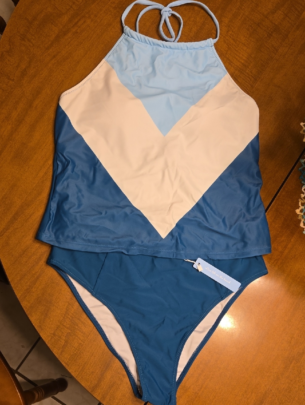 Blue and White Chevron Two-Piece Tankini Swimsuit
